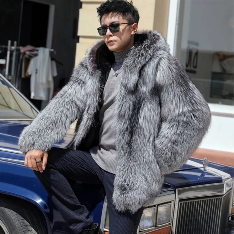 PFNW Hooded Faux Fox Fur Jacket For Men 2024 New Loose Fit Thick Winter Coat Soft Silver Grey Causl Padded Liner Jacket 12C1170