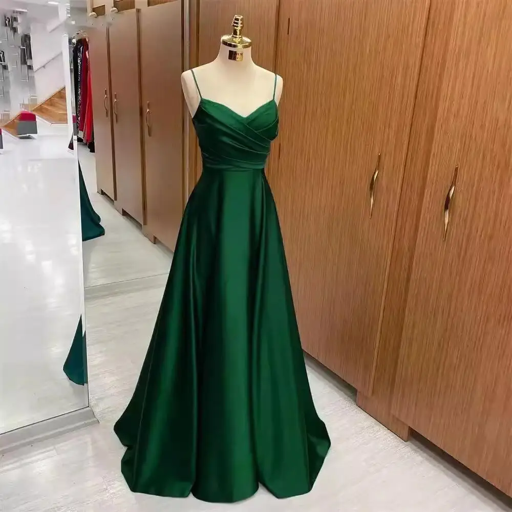 Simple Spaghetti Straps A-Line Satin Evening Dress Long Pleat Party Gown Lace Up abendkleid 2024 vestidos de fiesta فساتين سهرة