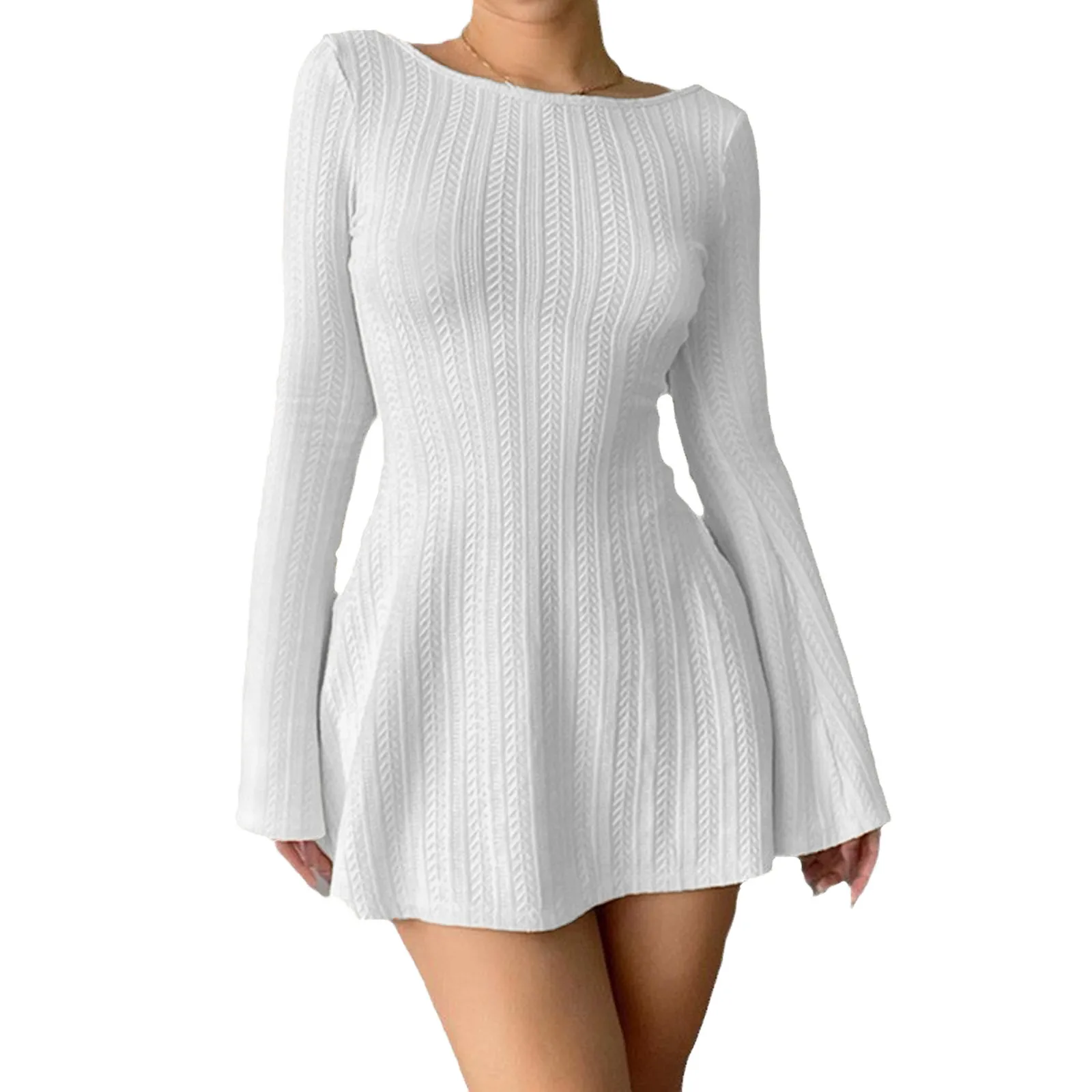 Solid High Quality Knitted Backless Dress for Women Autumn Winter 2024 Elegant Long Sleeve Bodycon Mini Dress Casual Wrap Dress