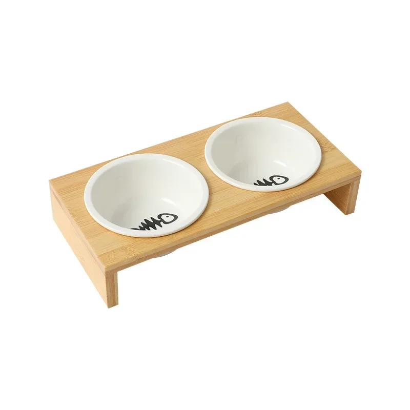 1pcs Pet cat and dog Double bowl Single bowl Ceramic bowl bamboo table into cat non-slip double bowl Dog cat food bowl