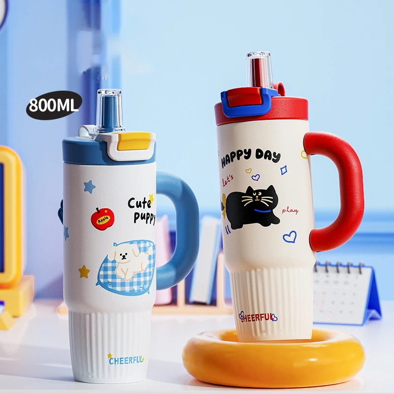 

750 мл портативная изолированная соломенная кофейная чашка из нержавеющей стали с мультяшными принтами, герметичная холодная изоляция с ручкой для холодных напитков