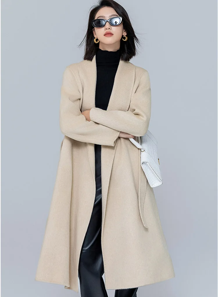 Autumn and winter women's long woolen overcoat camel wool cloak waist robe hand-sewn double-sided woolen coat