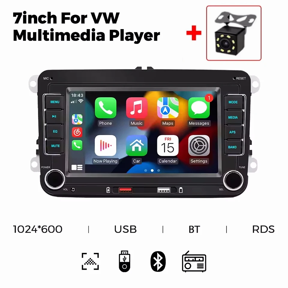 Rádio Automotivo 7" 2 Din HD com Vídeo, RDS, Airplay, CarPlay, Android Auto, Áudio Estéreo e Câmera para Volkswagen/Seat/Skoda/Passat/Golf/Polo