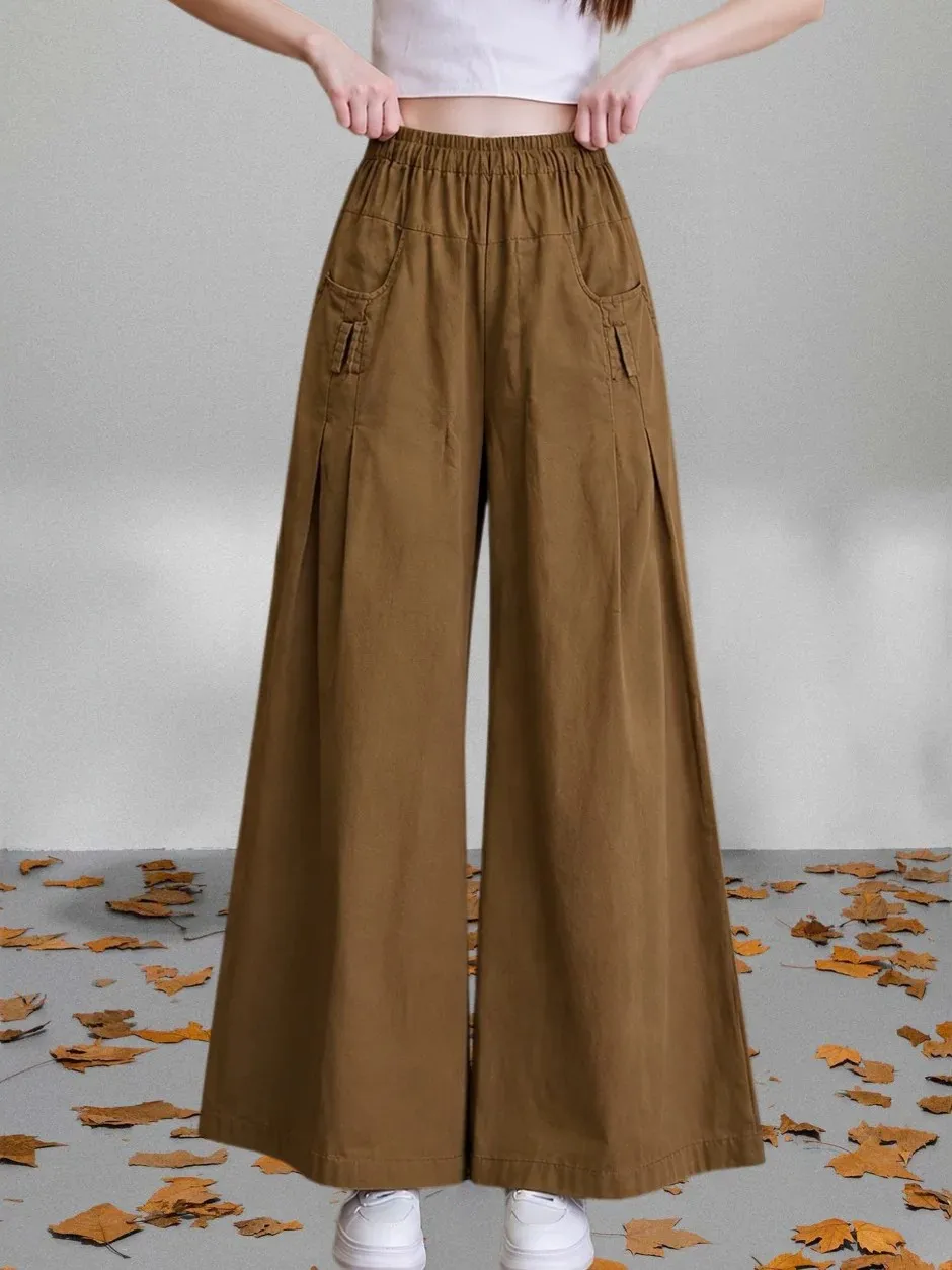 New Chinese Style Wide Leg Pants Women's High Waist Pleated Loose Fitting Casual Trousers Brick Red Color Summer Fashion