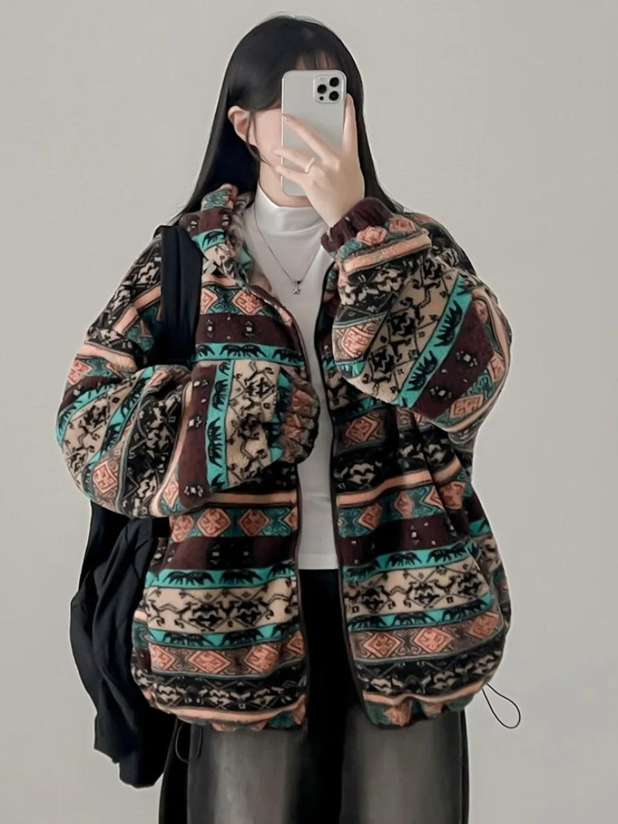 

Retro Fair Isle Fce Double Zipper Hooded Jaet Women's Chic Winter Lazy Sle Top Spring Autumn Winter Seasonal Outerwear