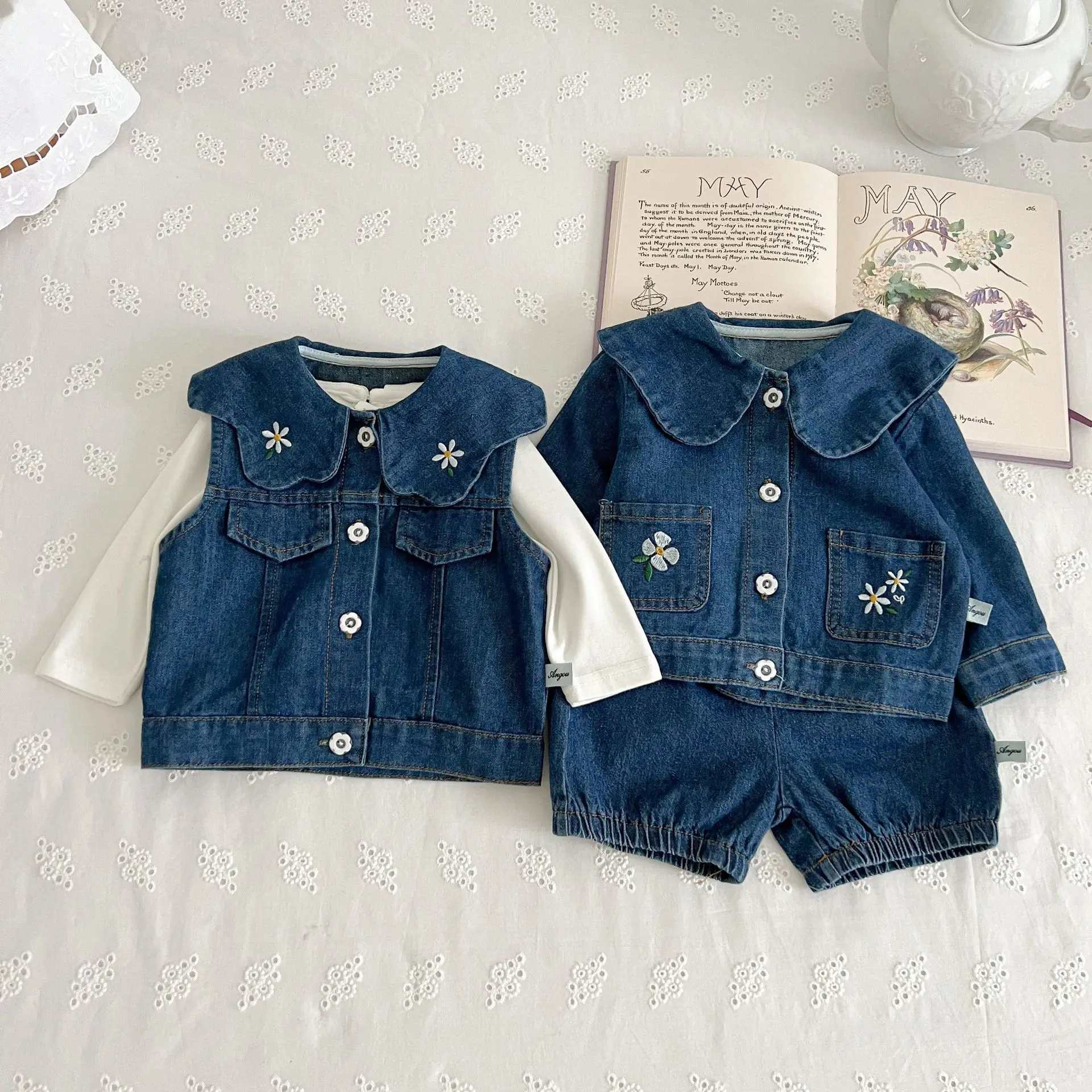 2024 Korean Autumn Baby Girls 3PCS Clothes Set Cotton Long Sleeve Tops Denim Coat Rompers Vest Jeans Suit Toddler Girls Outfits