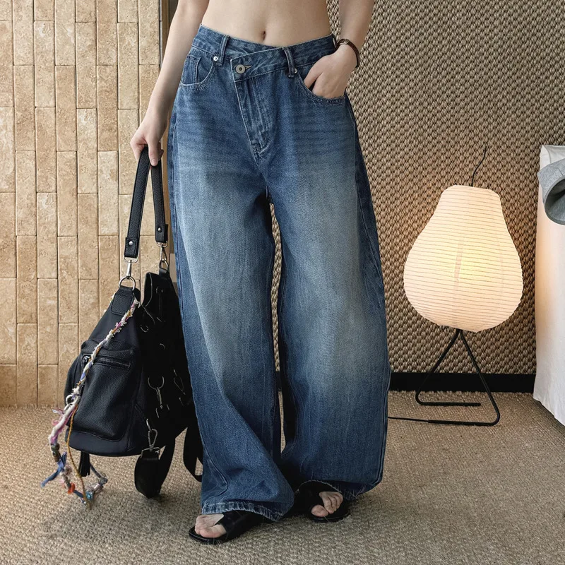 ANJY Spring Autumn New Women Korean Style Washed Distressed Fashion Cross-Type Jeans Trend Ins Loose Wide Leg Denim Pants A26250