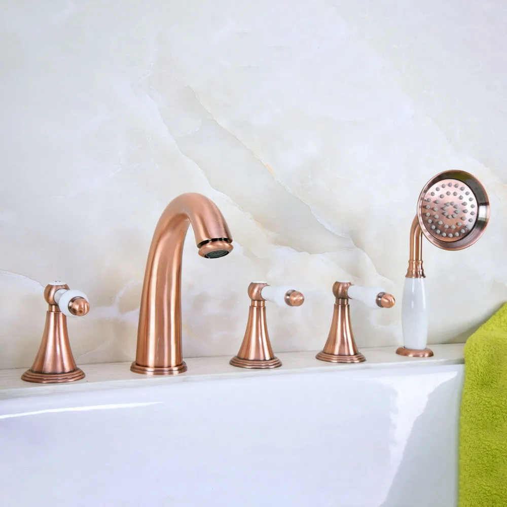 Deck Mounted 5 Hole Antique Red Copper Bathroom Roman Tub Faucet Mixer Tap Set With Hand Shower ttf210