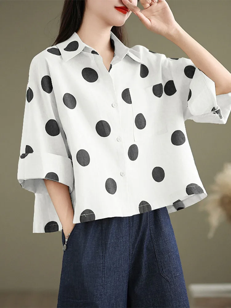 ZANZEA Auutmn Polka Dots Printed Women Shirts Lapel Neck 3/4 Sleeve Work Blouse Summer Tops Elegant Casual Holiday Tops Femme