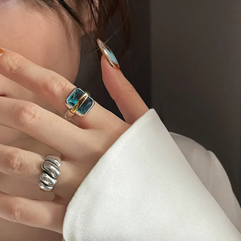 XIYANIKE Vintage Square Blue Zircon Open Cuff Finger Rings for Women New Korean Fashion Jewelry Girl Gift Party кольцо ж