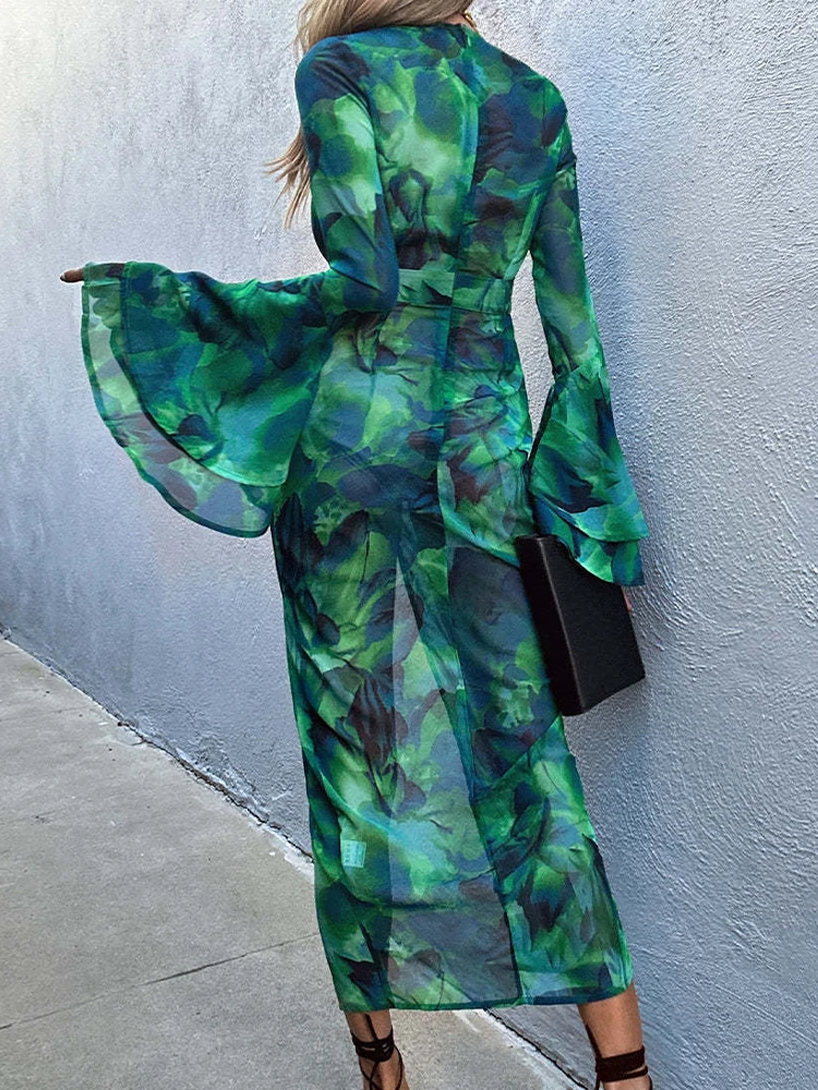 Boho Print Lange Jurken Vrouwen Zomer Sexy V-Hals Doorzichtige Jurk Vrouwelijke Flare Mouw Tie-Dye Ruches Slanke Strandvakantie Jurk