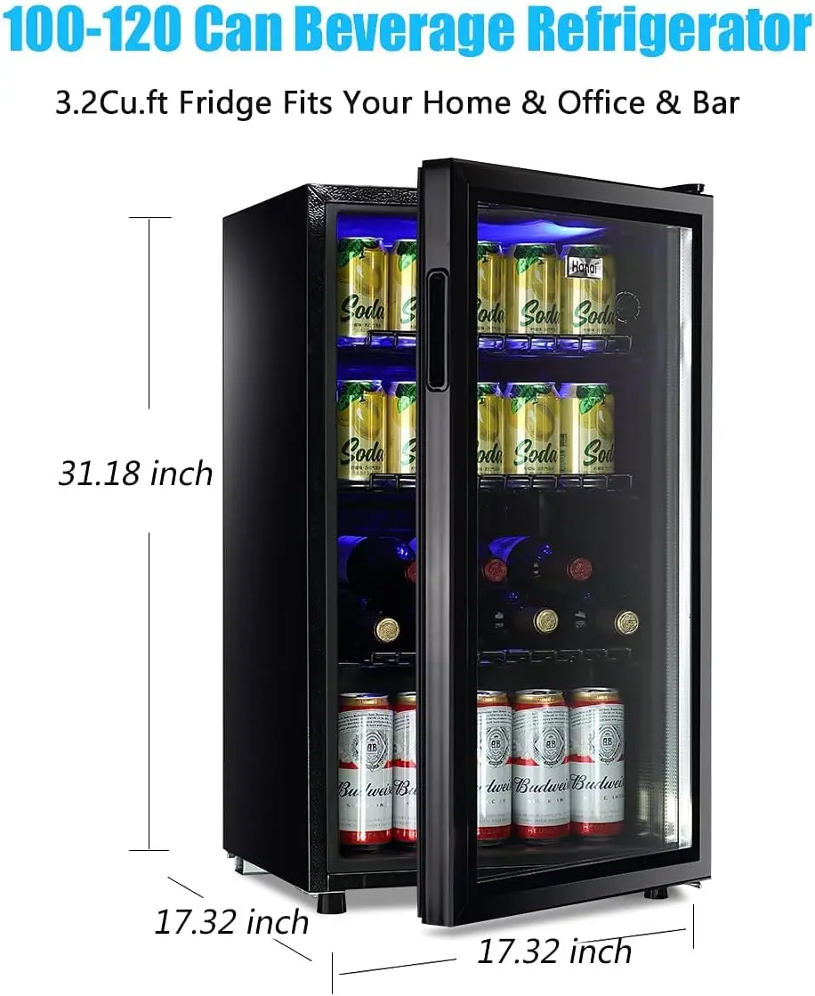 Beverage Refrigerator Cooler Mini Fridge Glass Door 100Can Beer Fridge Beverage Cooler Drinks Wines  Dorm 3.2 Cu. Ft