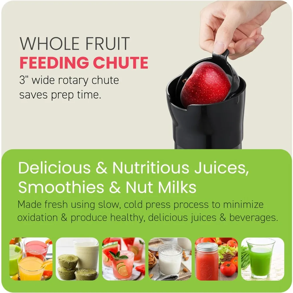 Dynamic Masticating Slow Juicer, High Yield Cold Press Juice Extractor, Whole Fruit 3” Feeding Chute, 27 Oz Cup, Black