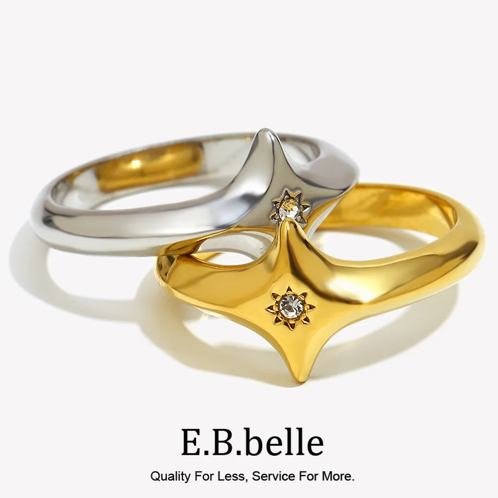 E.B.belle Vierzackiger Stern-Zirkon-Ring aus Edelstahl, minimalistischer Stil, kreativer, personalisierter Schmuck für Damen, Accessoires