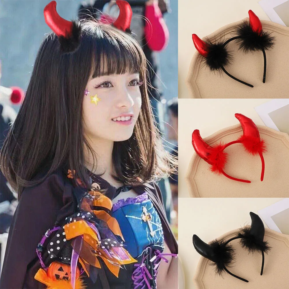 Halloween Demon Horn Headband Glitter Plush Cow Horn Hairband Fluffy Plush Hair Hoop Xmas Party Props Hair Accessories Kids Gift