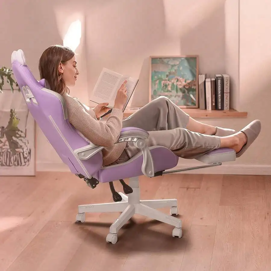 Pink Gaming Chair With Linked Armrests, Ergonomic Computer Office Chair With Lumbar Support And Footrest , Ergonomic Reclining V view 6