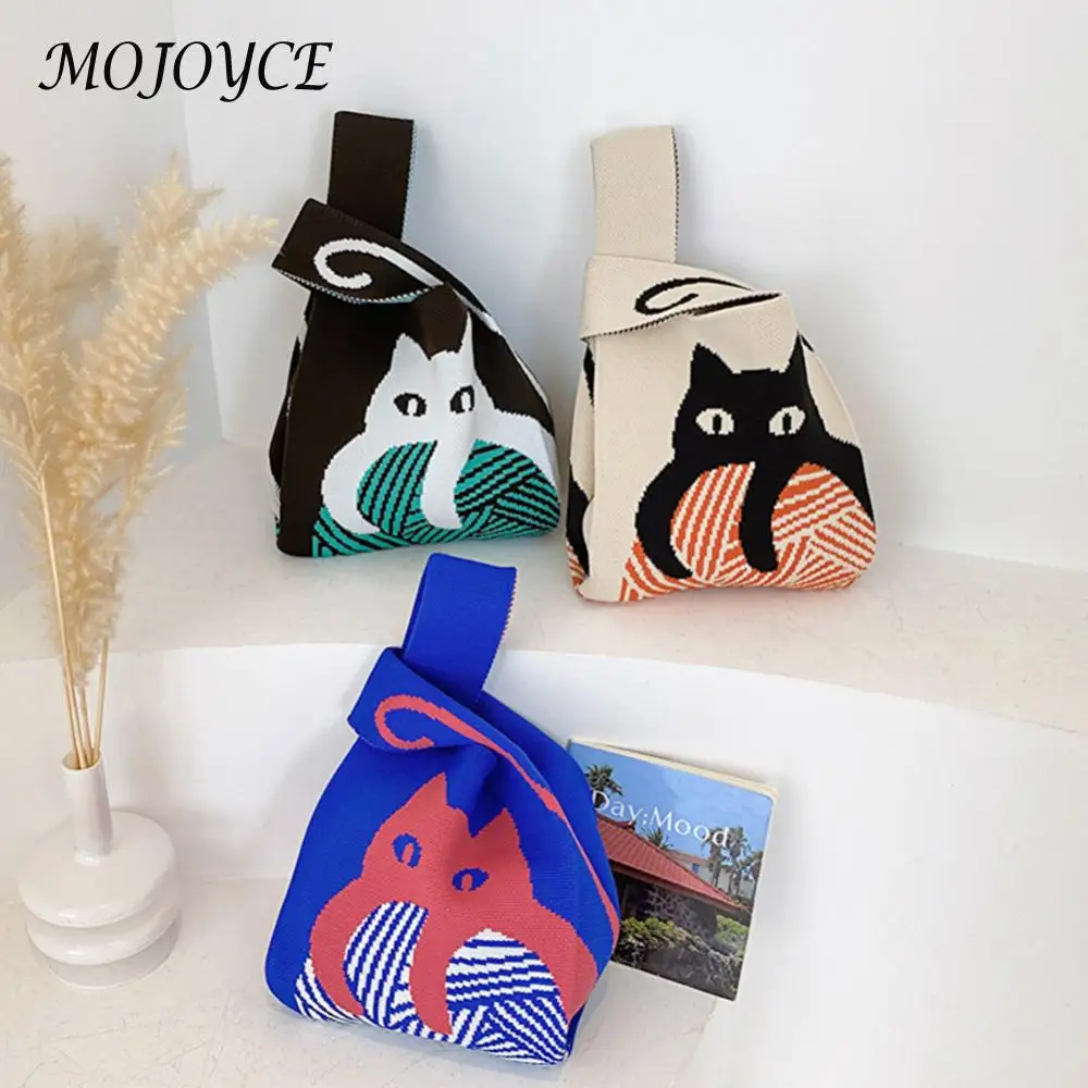 Women Hobo Handbag Handmade Mini Knot Wrist Bag Cat Pattern Cartoon Casual for Shoping Traveling