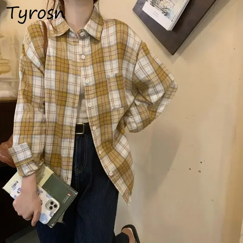 

Клетчатые рубашки женские с отложным воротником темперамент ретро элегантная офисная уличная одежда универсальная Ulzzang для отдыха во французском стиле Mujer Ins