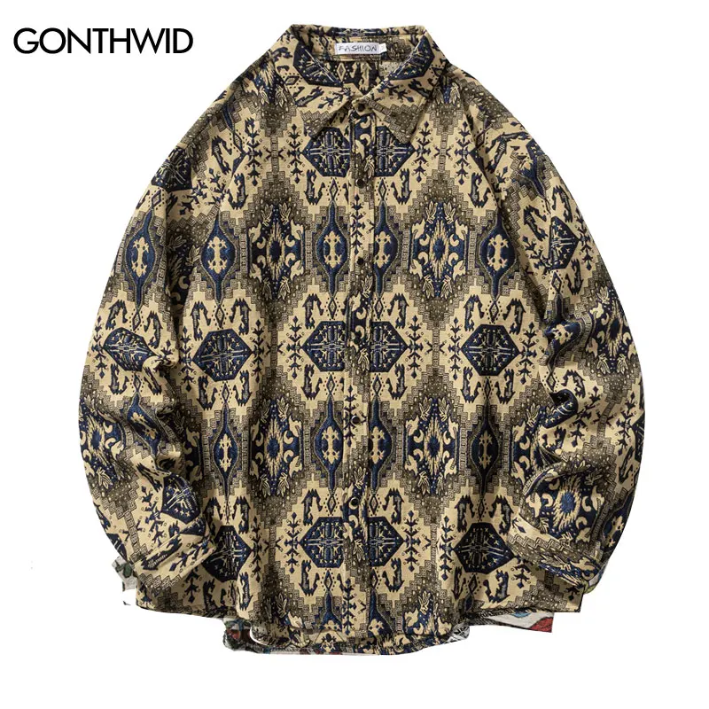 

Vintage Thick Shirt Hip Hop Retro Geometric Pattern Button Up Long Sleeve Shirt Streetwear Men 2023 Harajuku Casual Loose Shirts