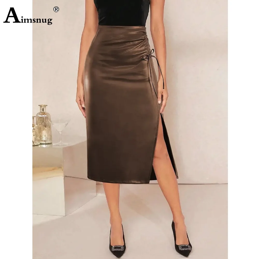 

Women High Cut Fashion PU Leather Skirts 2025 European Sexy Lace-up Pencil Bodycon Lady Slim Faux Leather Outfits Coffee Black