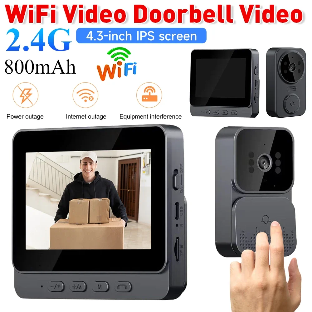 1080P WiFi Video Doorbell Video Intercom Wireless Door Bell IR Night Vision 4.3inch IPS Screen 2-ways 2.4G for Villa Home Office