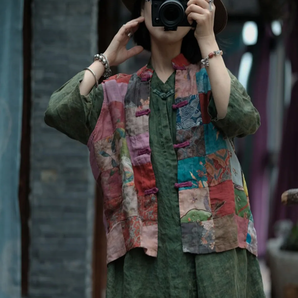 

Women's Retro Linen Print Short Vest Summer Personalized Chinese Frog Button Color-Blocking Sleeveless Outwear Each Piece Unique