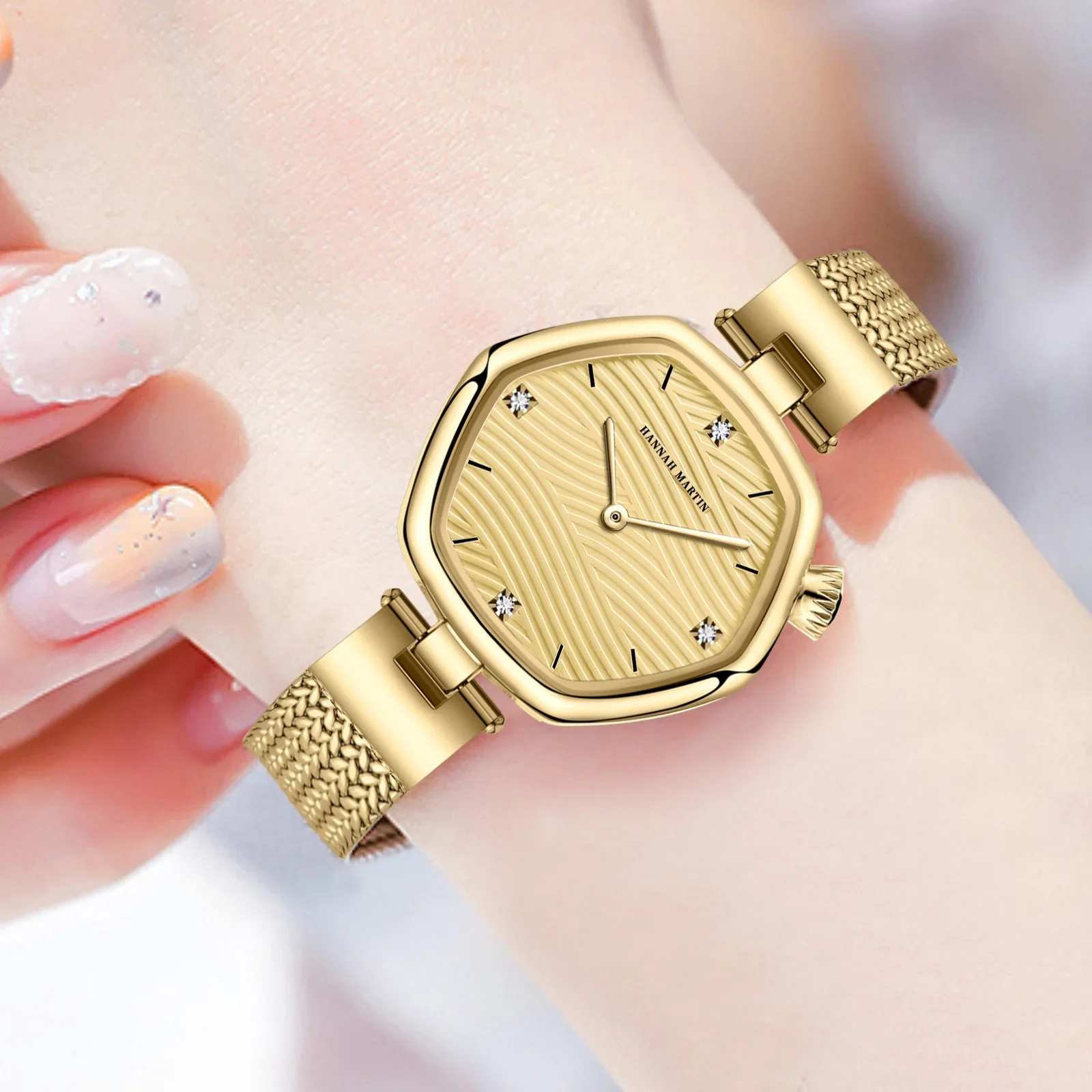 HANNAH MARTIN 1681 Stainless Steel Mesh Strap New Ultra Thin Luxury Waterproof Hexagonal Quartz Women's Watch Relogio Feminino