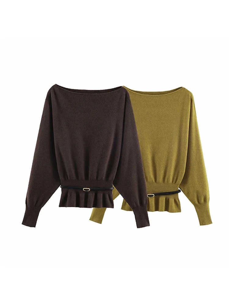 여성용 풀오버 스웨터 빈티지 패션 의류 벨트 풀오버 긴 소매 니트웨어 캐주얼 여성복