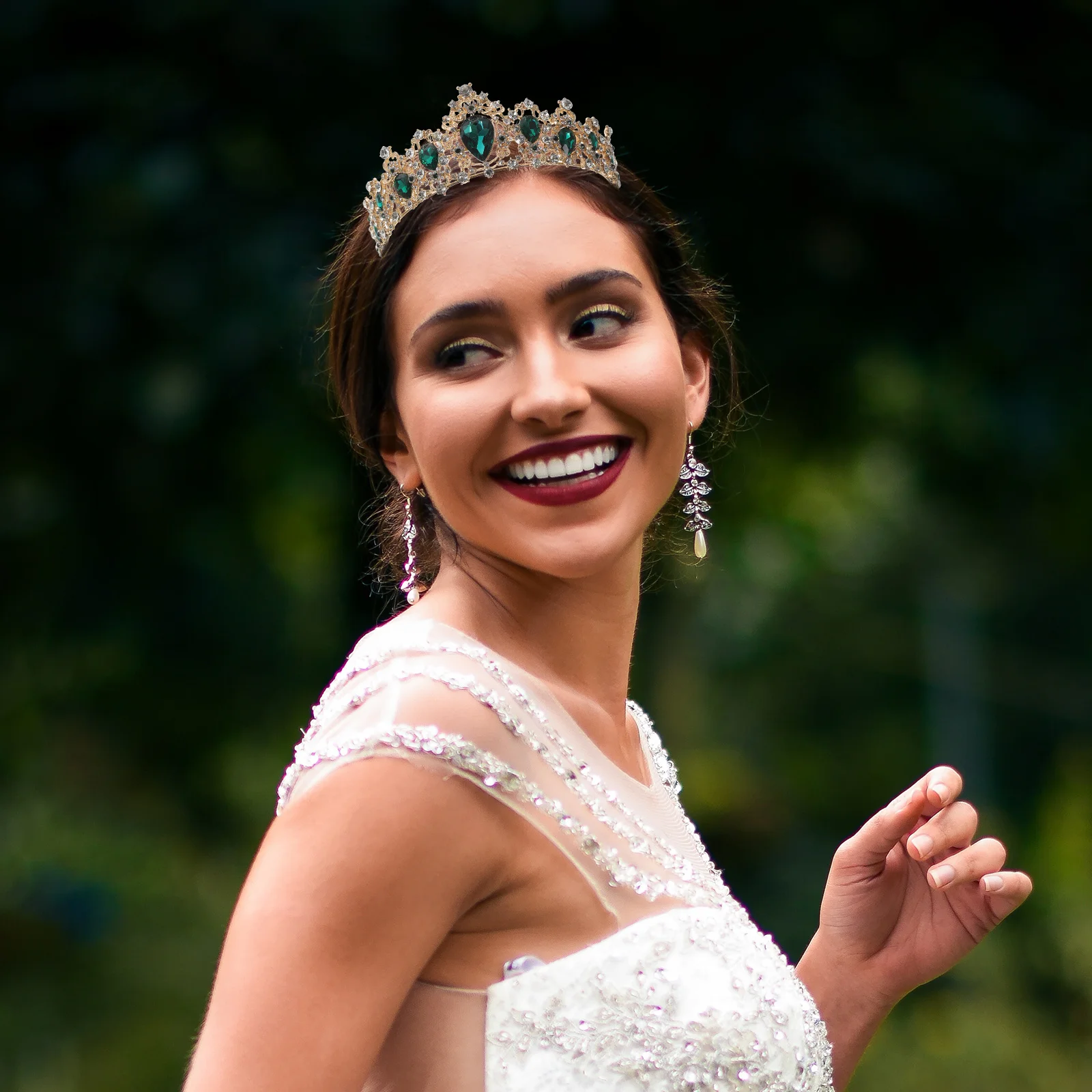 

1Set Green Bride Crown Necklace Earring Set Elegant Jewelry Wedding Dress Party Accessories Women Elegant Jewelry