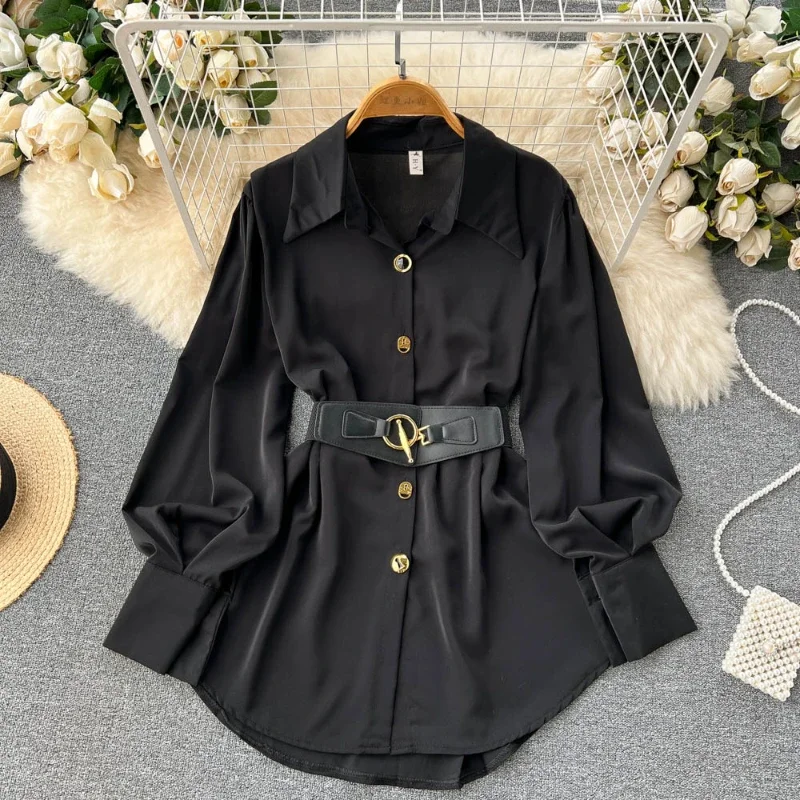 

Spring Summer Women Long Sleeve White Shirt Belt Blouses Solid Color Temperament Slim Clothing Sweet Korea Elegance Chic Girl's