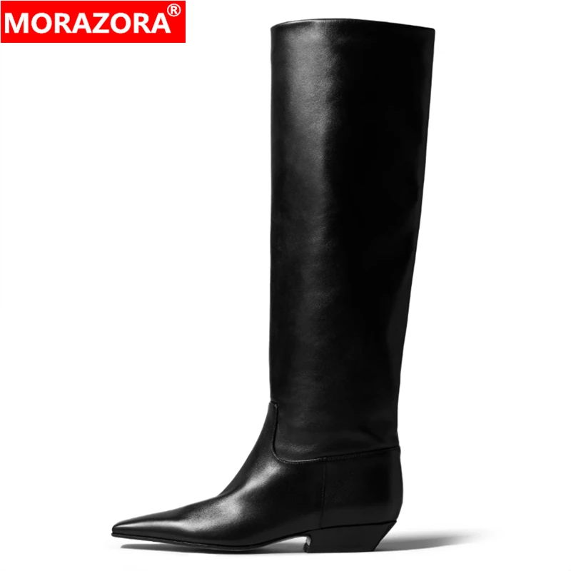 

MORAZORA Big Size 34-43 Cow Suede Genuine Leather Knee High Boots Women Low Heels Square Toe Fashion Modern Boots Long Shoes