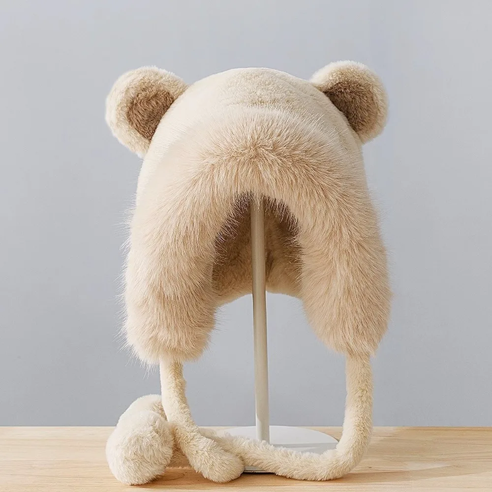 Fashion Pompom Fluffy Winter Hat Ear Protection Warm Bear Ears Hat Thicken Cute Skull Cap for Women