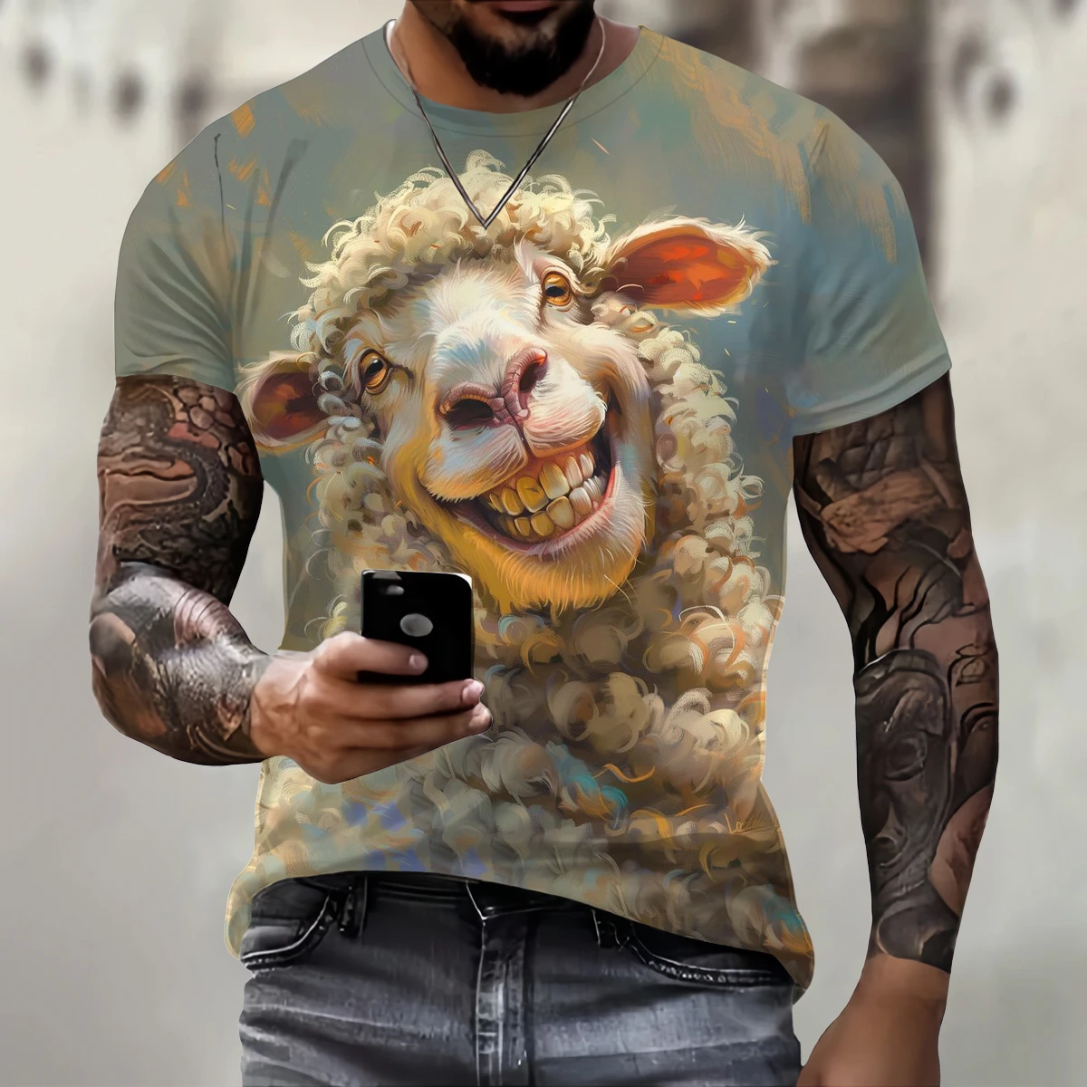 T-Shirt à Manches Courtes et Col Rond pour Homme, Vêtement Tendance, Hip Hop, Imprimé Mouton 3D, Décontracté, à la Mode, Été