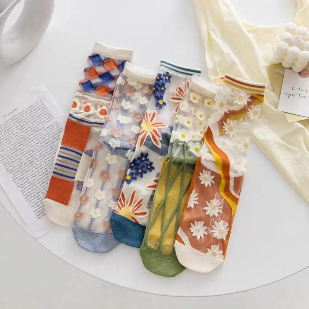 5Pairs Mesh Transparent Flower Socks Glass Silk Ins Style Tulle Mid Tube Socks Female Hosiery Breathable Sweet Socks Women Girl