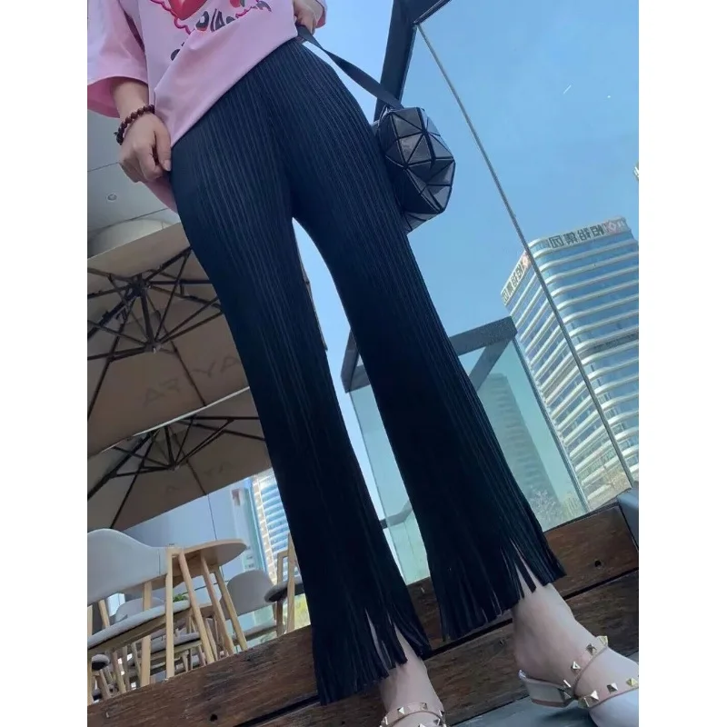 Miyake Pleated Loose Straight Leg Pants, Fashionable Tassel Lace Flared Pants, Summer Comfortable and Casual Cropped Pants