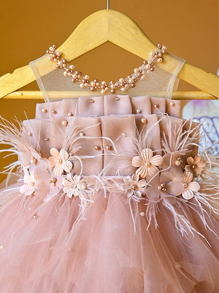 Kids Girls Beading Party Dress for Children Feather Ruffles Princess Costume Dust Pink Evening Vestido Flowers Handmade Wear