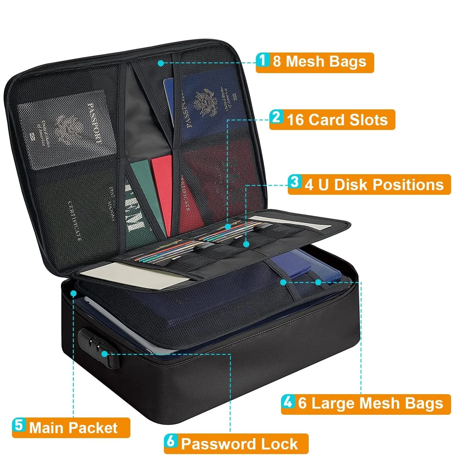 

Fireproof Storage File Box Password Zipper Lock Waterproof Document Bag Multi-Layer Safe Portable for Important Passport Letter