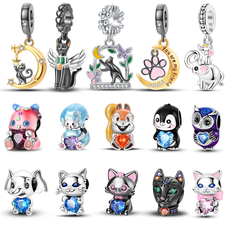 

925 Sterling Silver Cat on A Swing Colorful Unicorn Squirrel Penguin Charms Beads For 3mmOriginal Bracelets DIY Jewelry