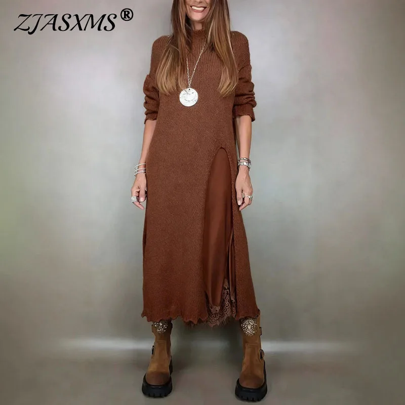 Nouveau automne hiver 2 pièces ensemble femmes décontracté solide fendu tricoté pull longue robe costume Sexy col en V Patchwork dentelle tenues décontractées