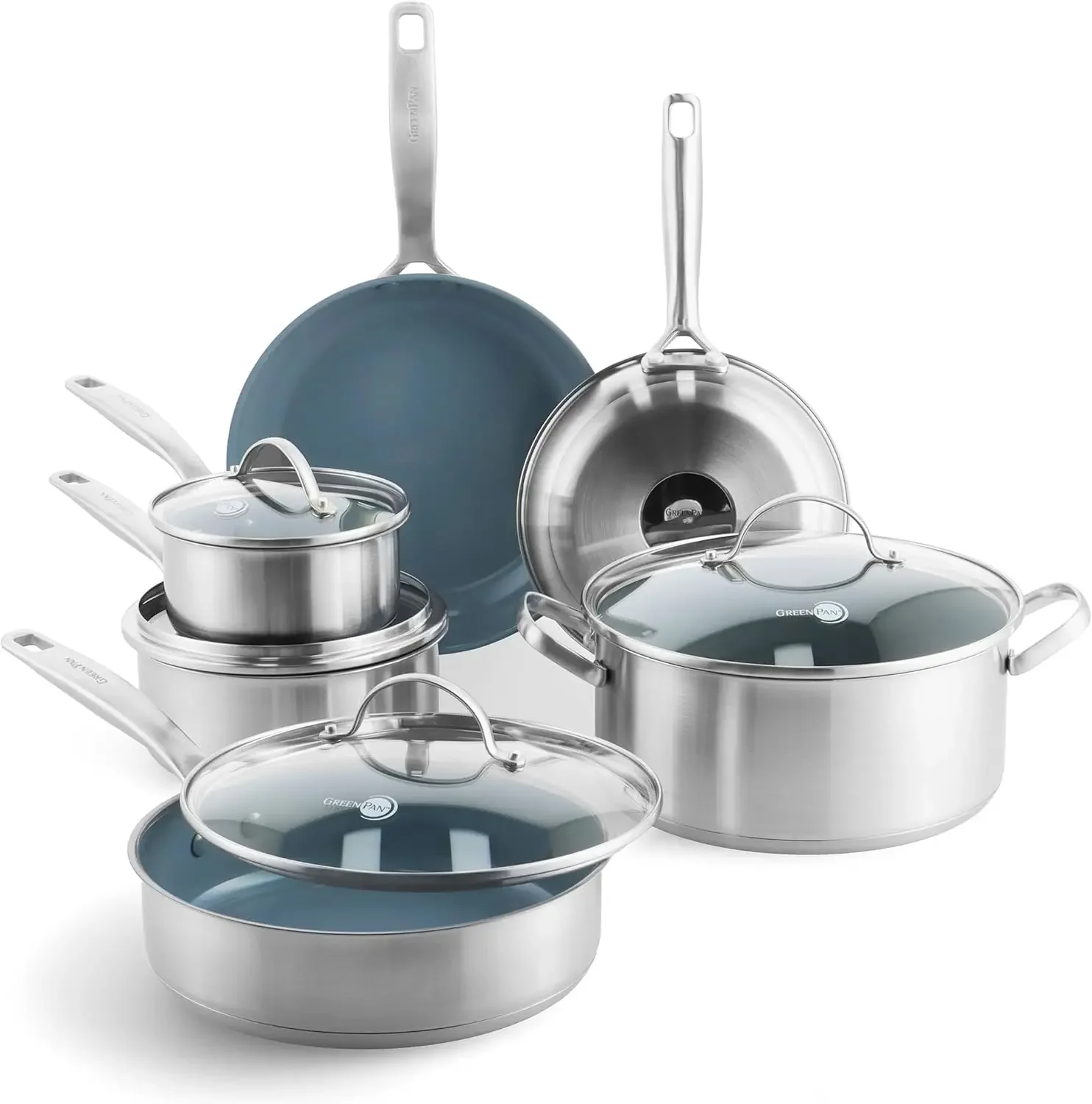 

Treviso 10 Piece Cookware Set, Non-Toxic PFAS-Free Stainless Steel Ceramic Nonstick Coating, Induction Suitable, Pots, Pans Lids