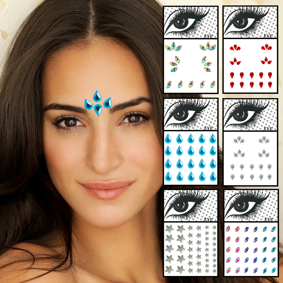 Star Face Jewels Temporary Tattoos Eyes Forehead Water Drop Tears Gems Makeup Sticker Glitter Rhinestones Jewelry Nail Art Rave