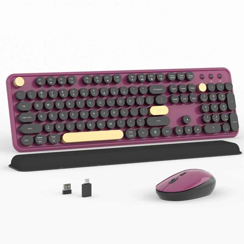 Wireless Keyboard and Mouse Combo，Purple and Black Retro Round Keycaps，Optical Mouse with，Ergonomic Design for Computers and