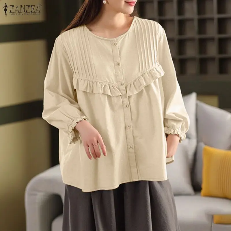 

2026 ZANZEA Spring Shirt Women Casual O Neck Long Sleeve Tops Solid Work Blouse Stylish Ruffled Holiday Shirts Buttons Up Blusas