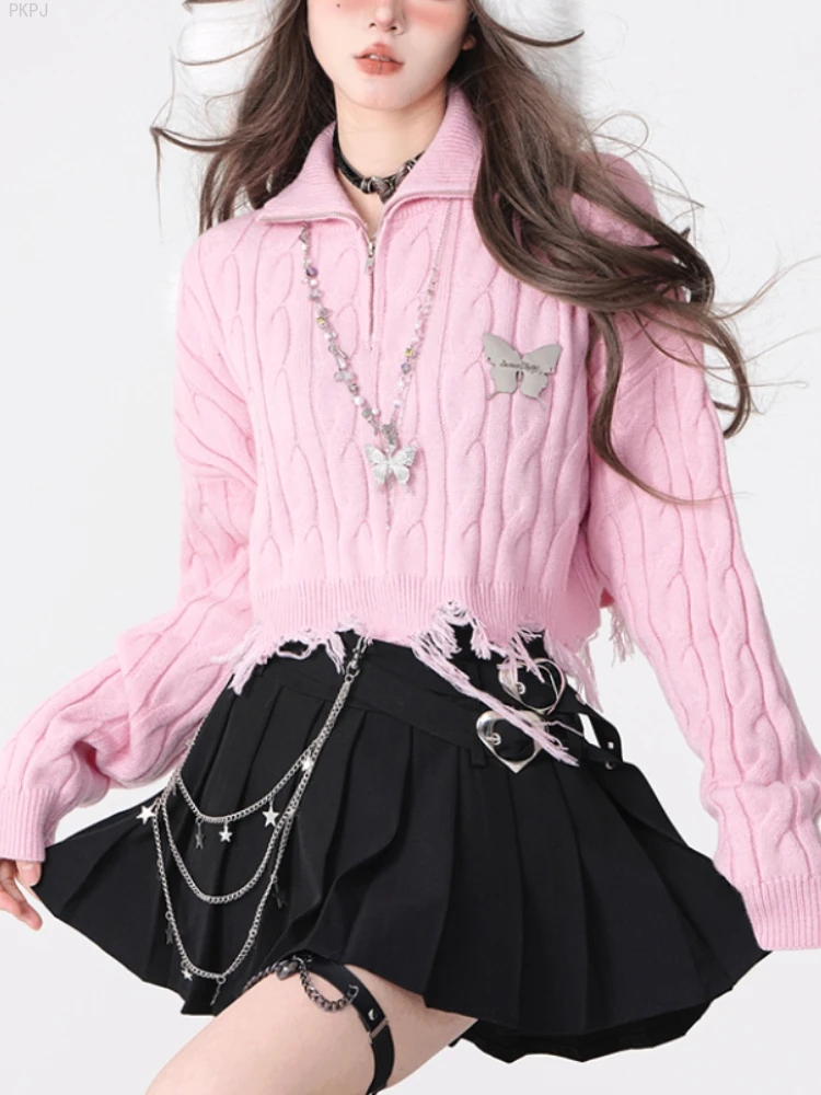 Warm Knitted Kawaii Lolita Sweaters Women Polo Collar Pink Japanese Casual Pullovers Female Long Sleeve Elegant Pullovers Blouse