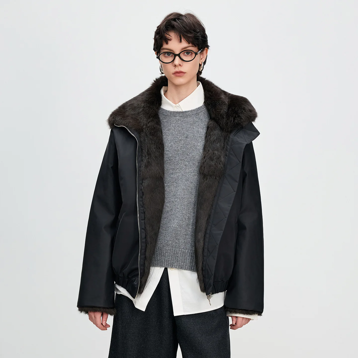 Women Winter Season Casual Mid-Length Rabbit Fur Lined Jacket Korean Style Warmth Outerwear Fashion Element Pockets