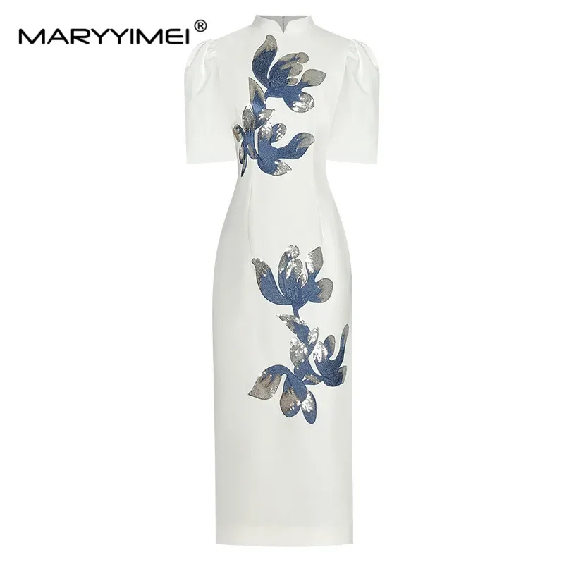 

MARYYIMEI Fashion Designer Summer Women's dress Stand collar Flare Sleeves Embroidery Sequin Package hip Midi Dresses