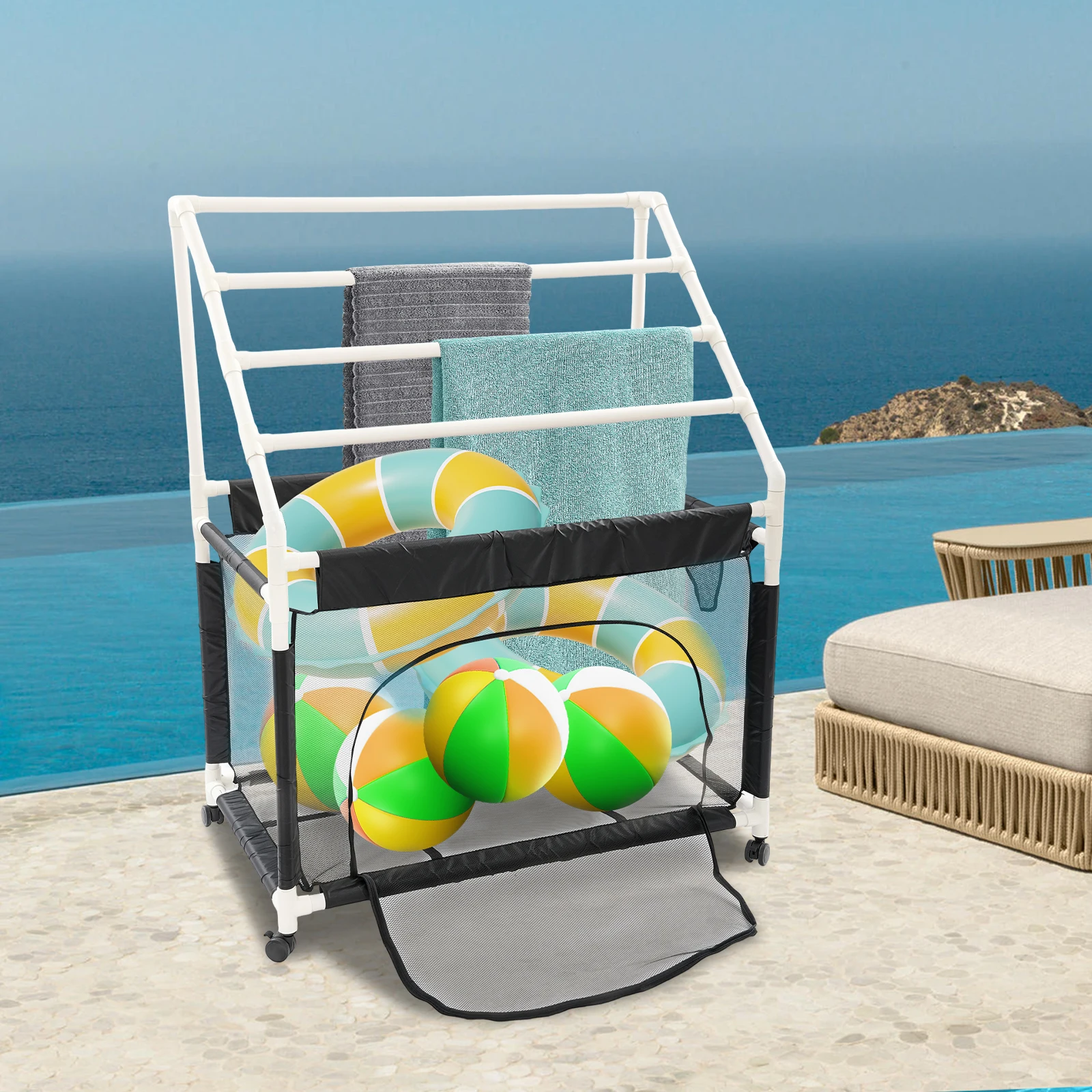 

Органайзер для хранения лапши на колесиках для бассейна, сетчатый органайзер для оборудования для плавания, корзина для хранения в бассейне, сверхмощная уличная вешалка для полотенец