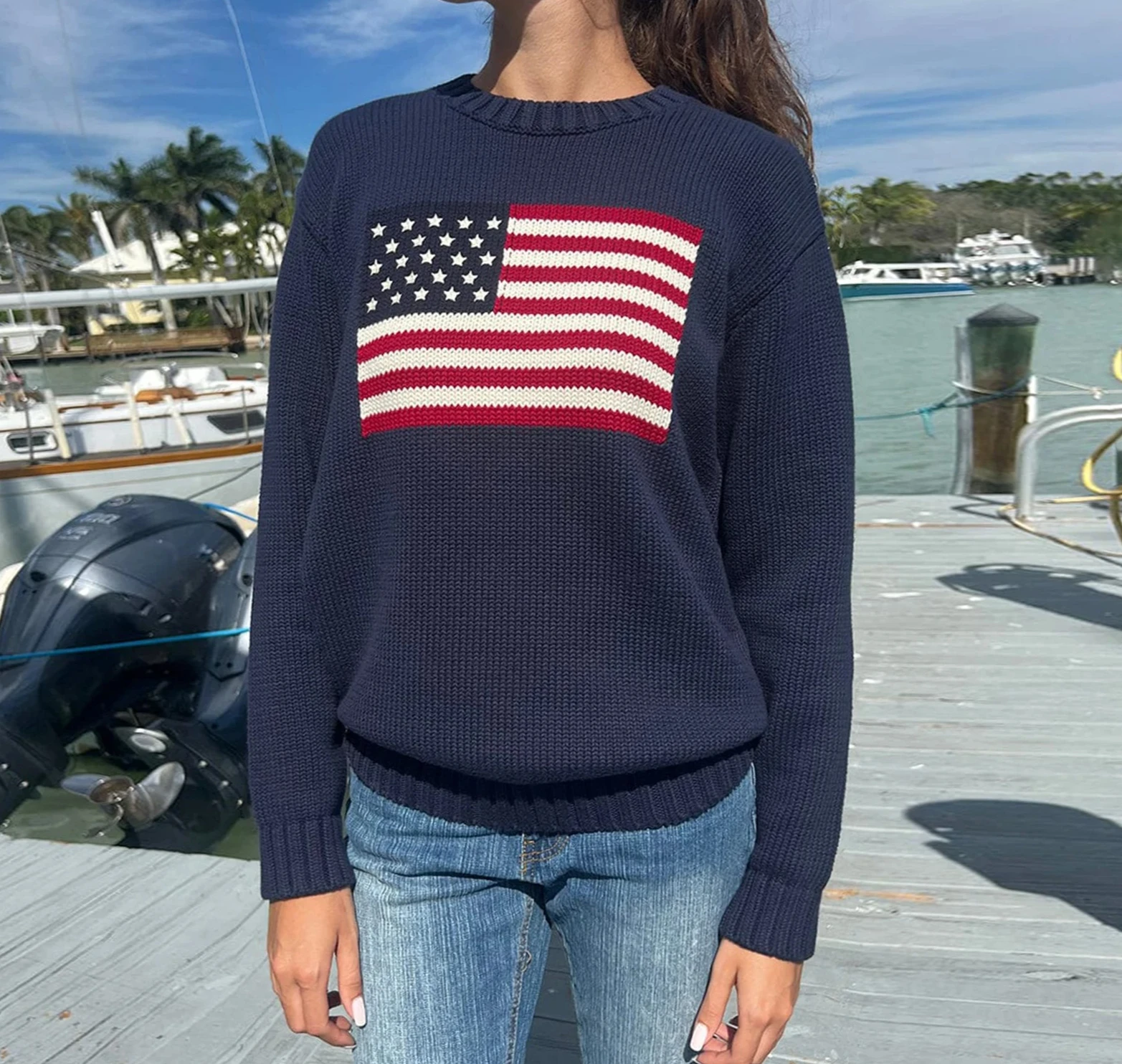 Casual Loose Pullover KnitwearWomen American Flag Sweater Autumn Long Sleeve Crew Neck Loose Fit Knitted Pullover Tops