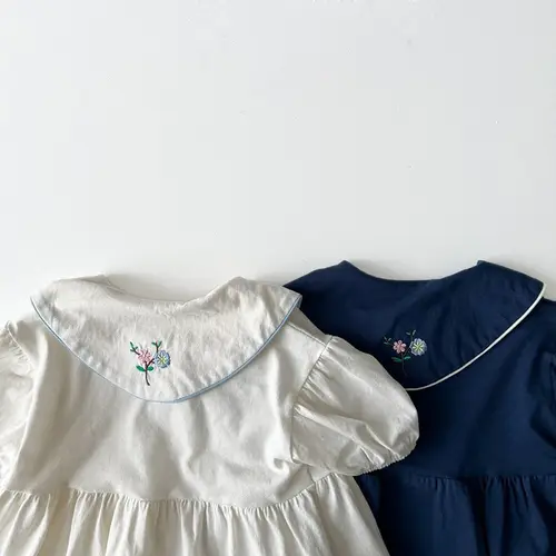 2026 Summer New Girls Flower Embroidery Collar Dress Children Short Sleeve Casual Dress Cotton Baby Girl Cute Lapel Dress - Image 5