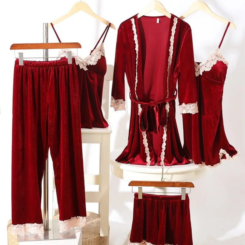 

Autumn and winter gold velvet nightgown five-piece set plus size home clothes